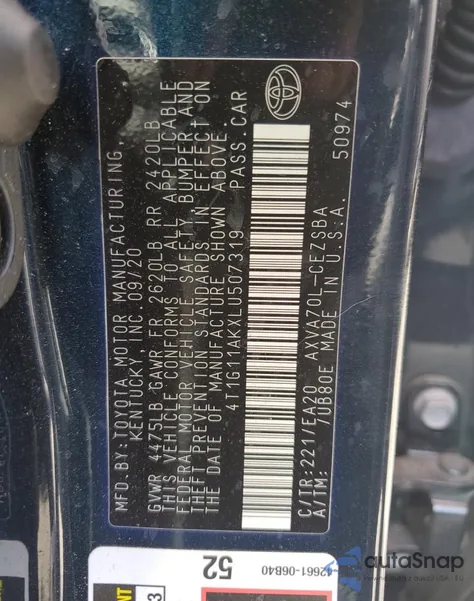 2020 Toyota Camry Se from USA, damaged, VIN 4T1G11AKXLU507319